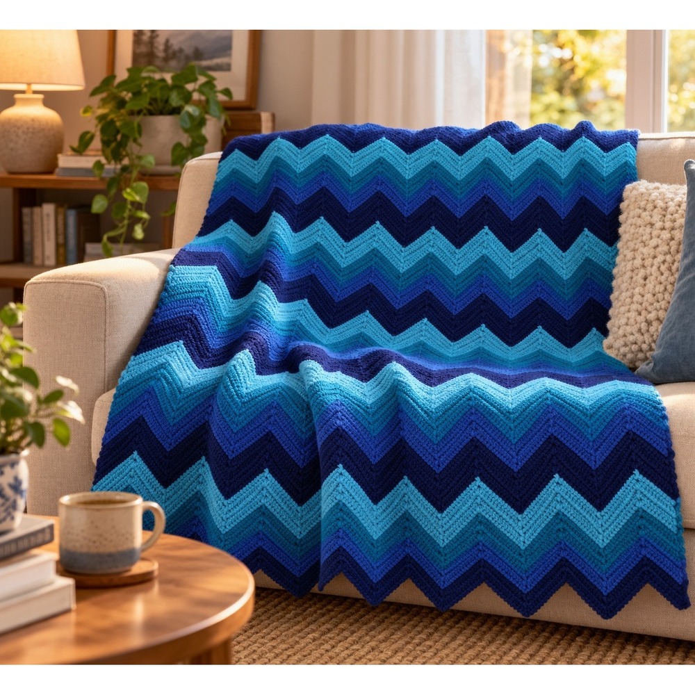 Vintage Handmade Blue Crochet Chevron Zig Zag Afghan Blanket Throw 80x57